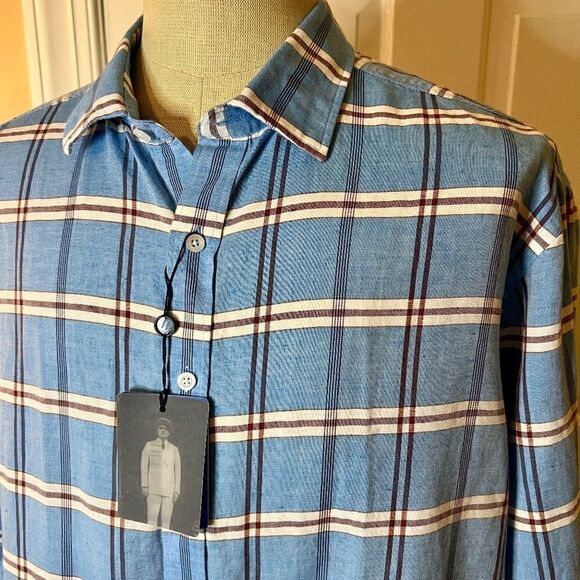 NWT Men's Haspel New Orleans Linen Cotton Button Front Blue Plaid Shirt XXL 2XL - Picture 2 of 2